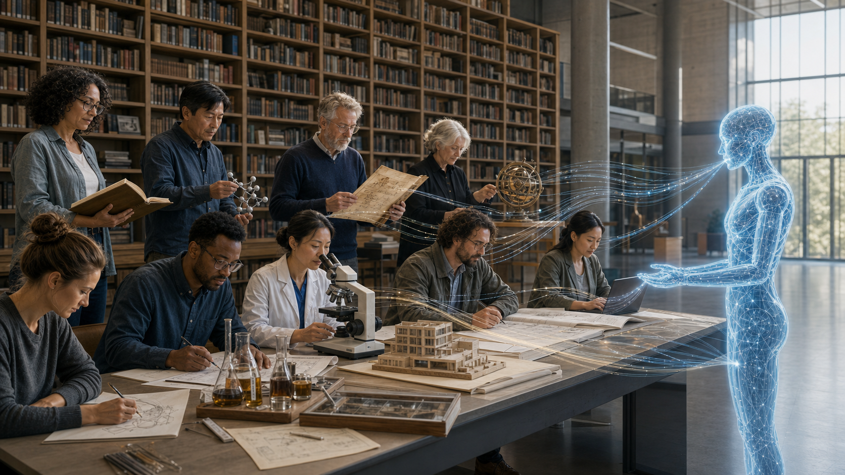 Researchers, writers, scientists, architects, and creators work before an extensive library as knowledge from their books, plans, instruments, and research flows toward a translucent blue AI figure.