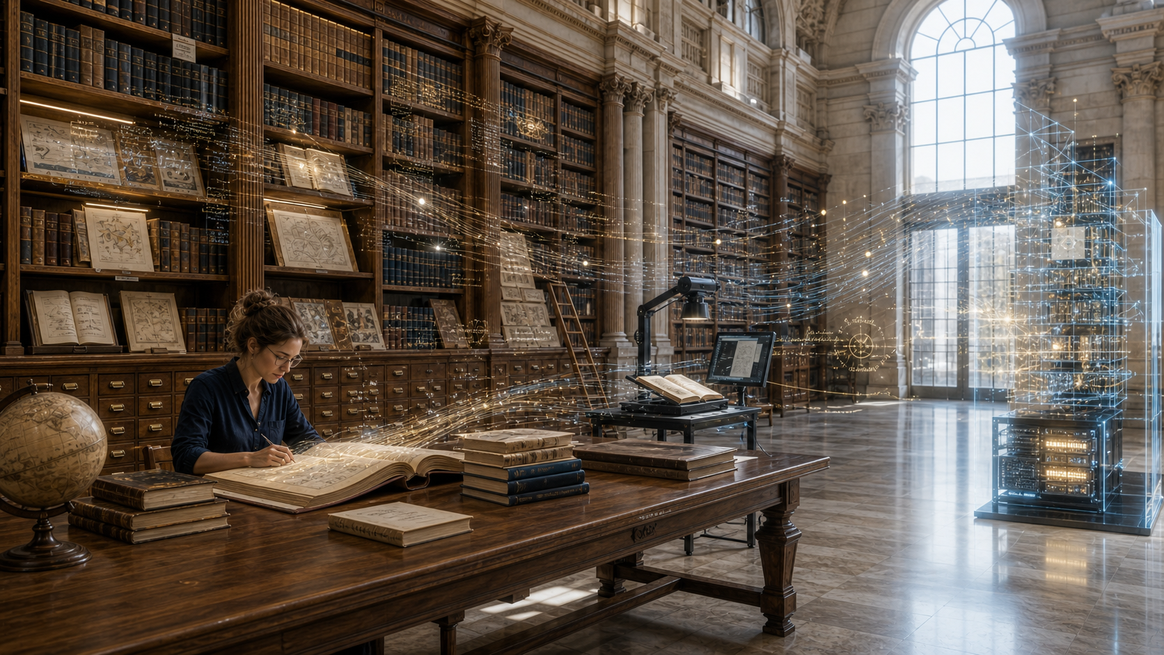 An archivist works with large books beside a scanning station while digitized knowledge flows from the records toward an abstract transparent data lattice and compute core.