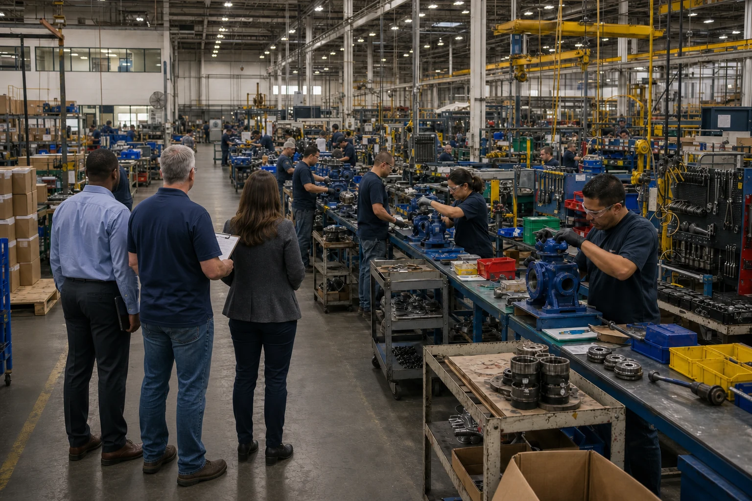 Three operations advisors reviewing an active manufacturing line, production flow, equipment, and workforce activity