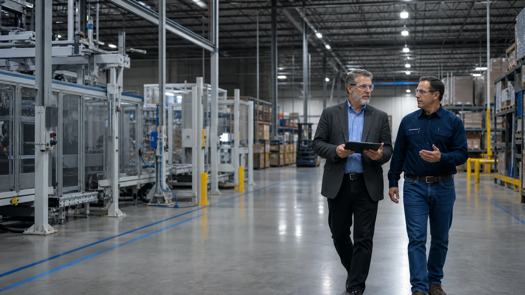 Operations advisor and manufacturing leader conducting a site survey on an active production floor