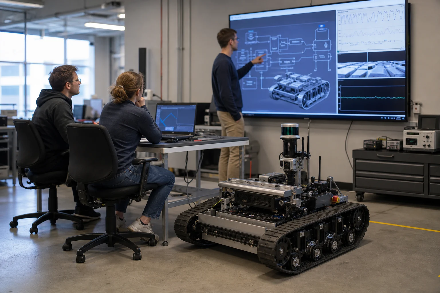 Engineering team reviewing the control architecture and operating data of a tracked autonomous system