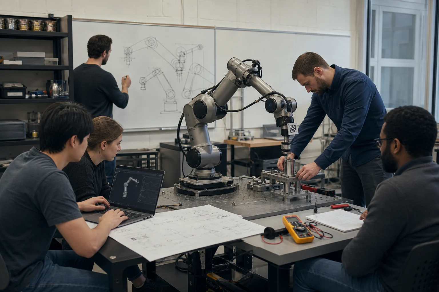 Multidisciplinary engineering team reviewing a collaborative robotic arm, technical drawings, instrumentation, and control software