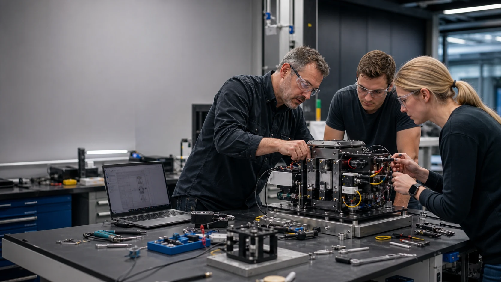 Engineering team developing and validating an advanced electromechanical prototype in a research laboratory