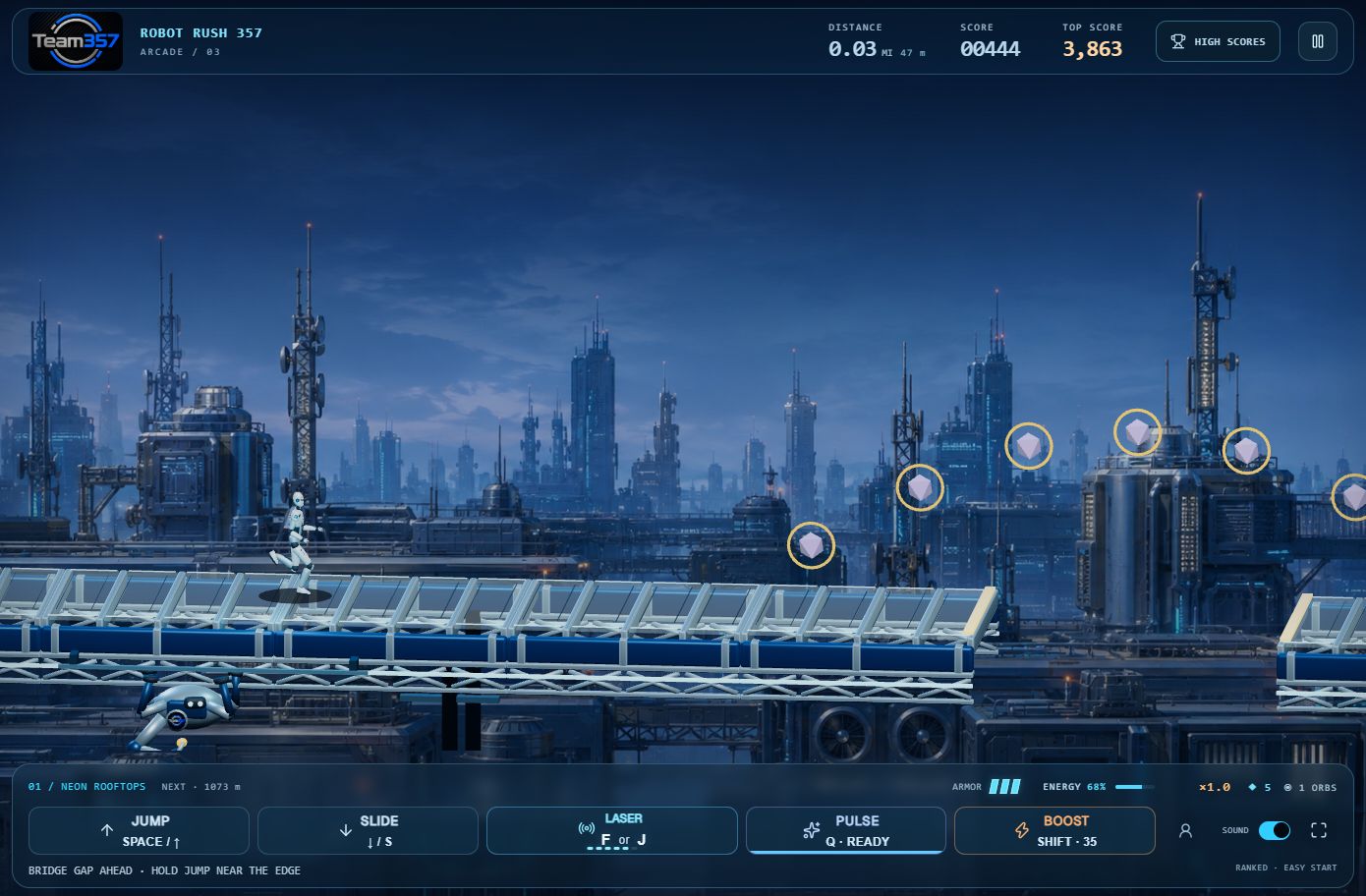 Robot Rush 357 gameplay on a glass bridge with a humanoid runner, a bridge gap, and floating energy rewards