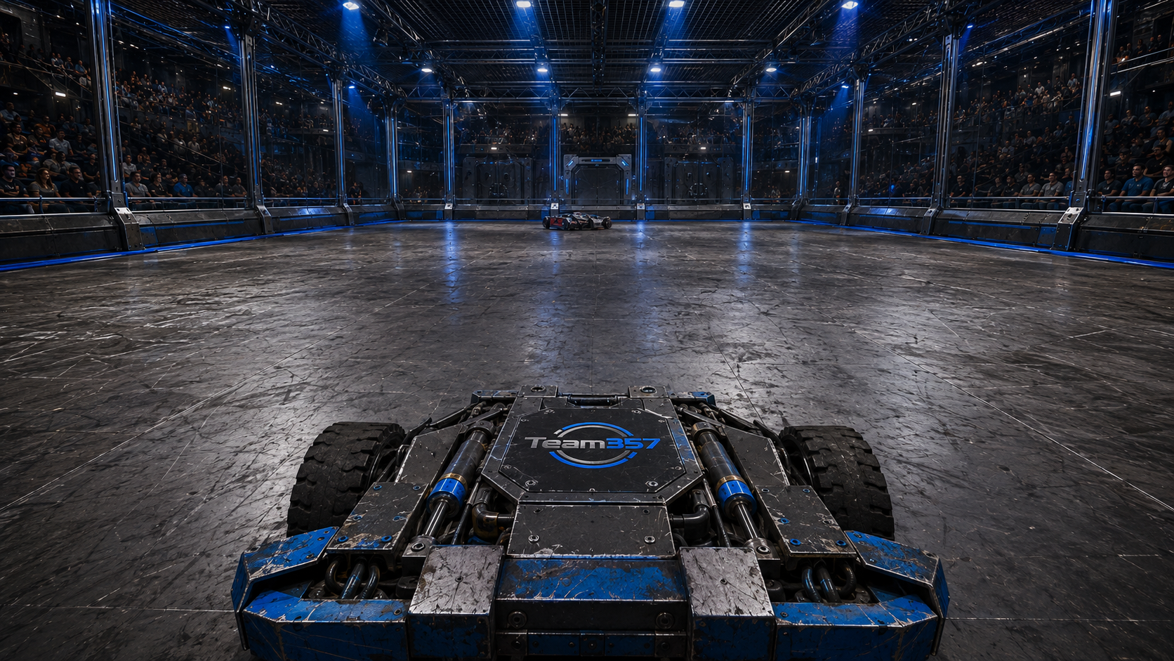 Team357 Robot Wars concept artwork showing a blue-and-black Team357-branded robot facing a rival in a spectator arena