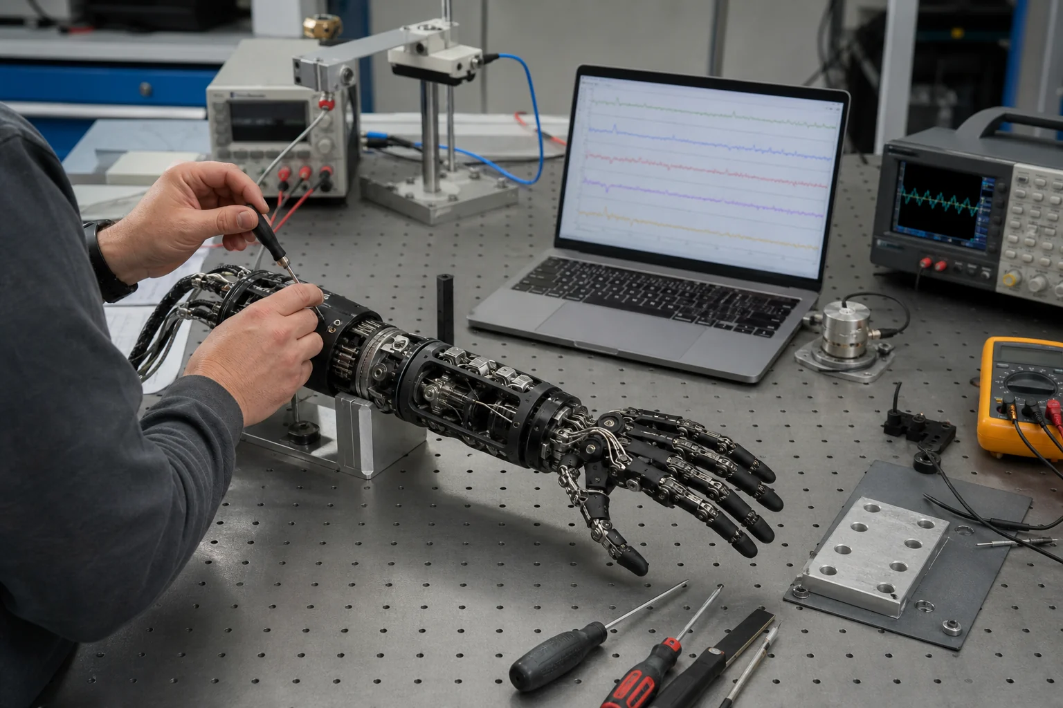 Engineer validating an advanced robotic hand beside live instrumentation and a laptop displaying test data