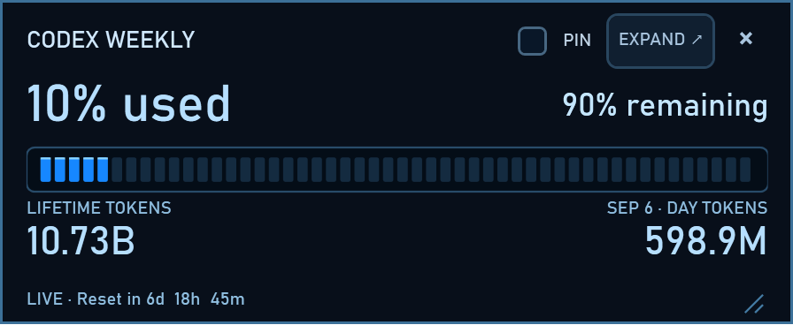 Mini usage bar with weekly usage, token activity, reset countdown, and window controls