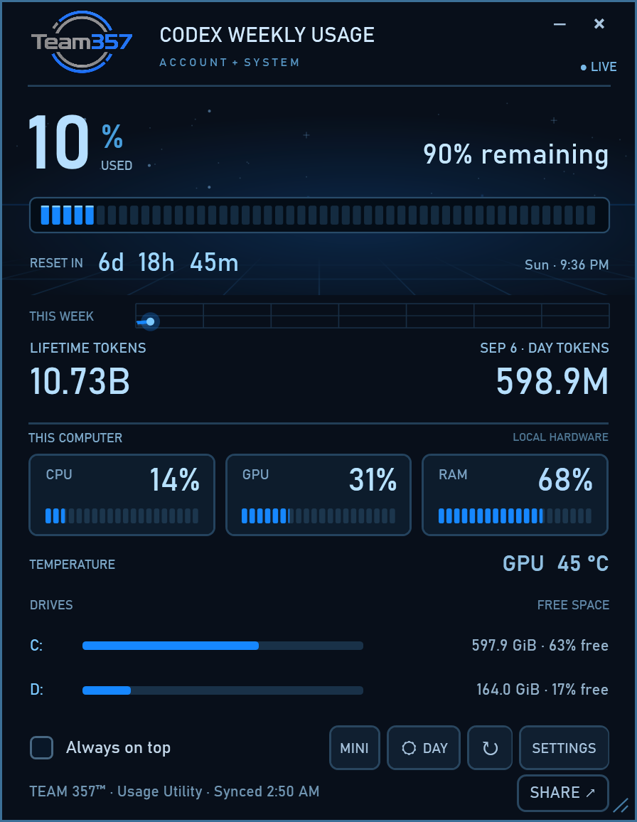 Night view with real Codex usage, token counts, GPU temperature, and detected drives