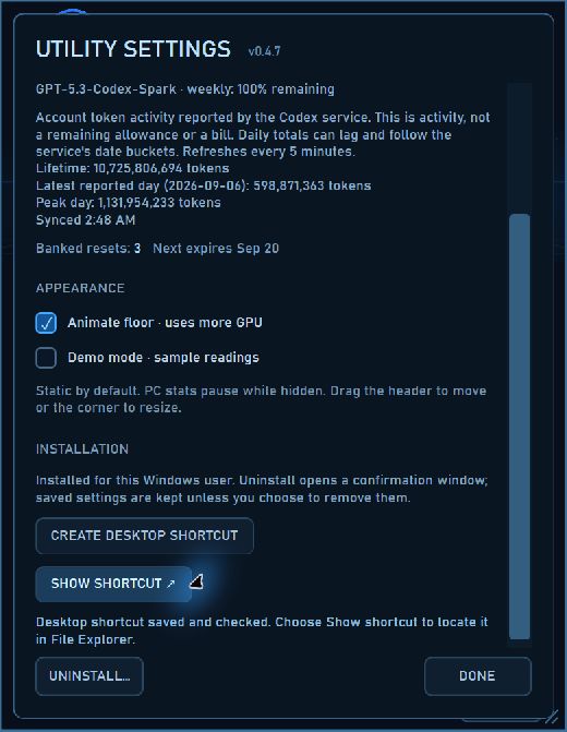 Codex Usage Utility settings showing desktop shortcut controls and success feedback