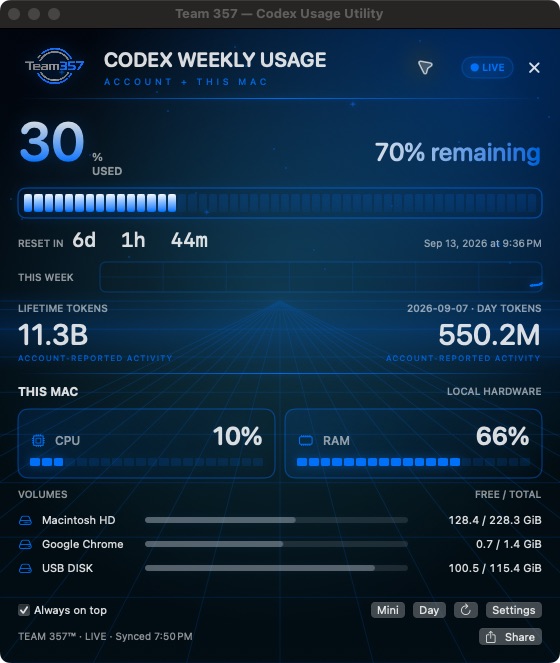 Team357 Codex Usage Utility for Mac, full dashboard