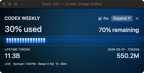 Team357 Codex Usage Utility for Mac, compact mini view